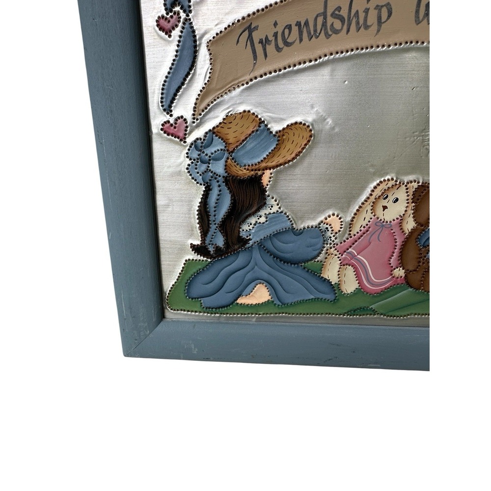 Vintage 1992 Hand Painted Tin Punched Girls Rabbit Bear Picture Signed Framed - Picture 9 of 14